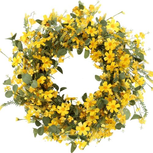 J'FLORU Artificial Spring Wreath 22 Inch Summer Wreaths for Front Door Yellow Daisy Wreath for Indoor Outdoor Home Decor and Easter Celebration