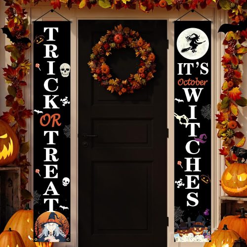 Hanging Halloween Door Decorations, 70-inch Front Door Banner Decor Porch Sign Halloween Decorations Indoor Outdoor, Funny Reusable Banner for Party Office Home Yard Outside Wall Garage