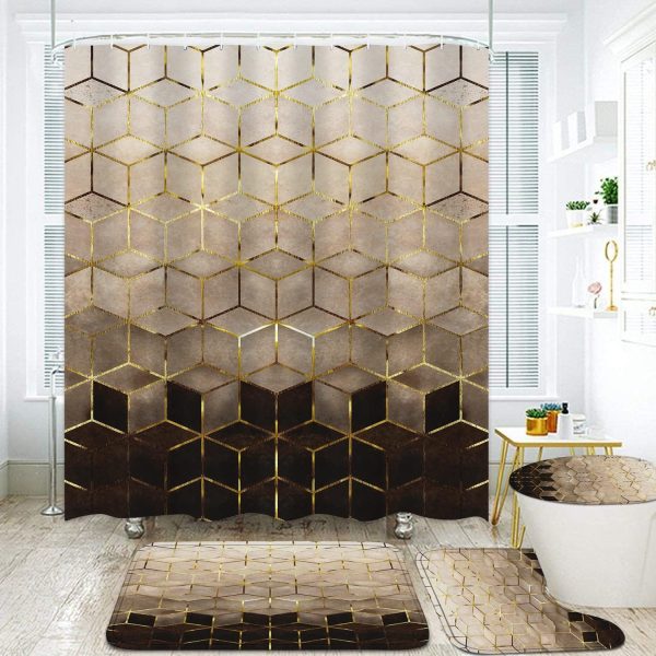 CTJES-AU-014JK_1 LQCOOL 4Pcs Brown Shower Curtain Set, Gradient Bathroom Set with Rugs | Modern Bathroom Decor Geometric Shower Curtain for Bathroom with 12 Hooks, Non-Slip Rugs Bath Mat and Toilet Lid Cover