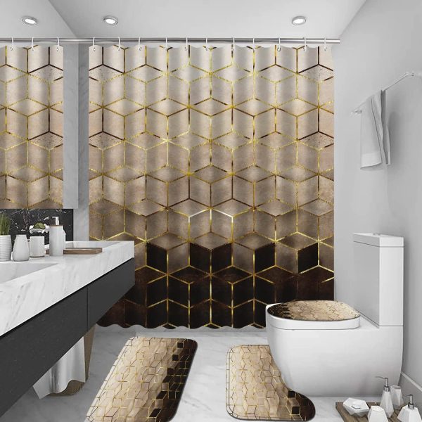 CTJES-AU-014JK_3 LQCOOL 4Pcs Brown Shower Curtain Set, Gradient Bathroom Set with Rugs | Modern Bathroom Decor Geometric Shower Curtain for Bathroom with 12 Hooks, Non-Slip Rugs Bath Mat and Toilet Lid Cover