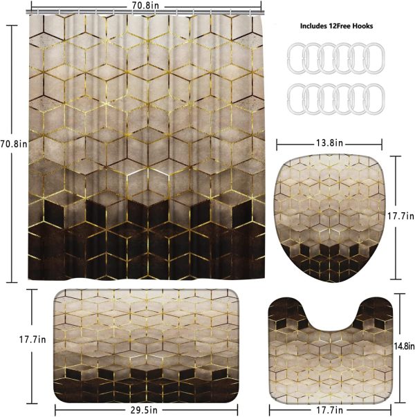 CTJES-AU-014JK_4 LQCOOL 4Pcs Brown Shower Curtain Set, Gradient Bathroom Set with Rugs | Modern Bathroom Decor Geometric Shower Curtain for Bathroom with 12 Hooks, Non-Slip Rugs Bath Mat and Toilet Lid Cover