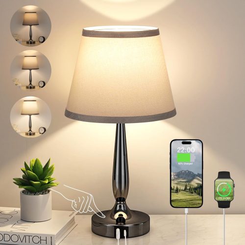 CTJES-AU-042JK_1 Kakanuo Touch Table Lamp for Bedroom, Small Bedside Lamp with USB C Charging Port, 3 Way Dimmable Touch Control Nightstand Lamp for Living Room and Office, LED Bulb Included
