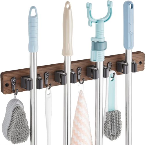 CTJES-AU-077JK_1 OUTNILI Mop and Broom Holder Wall Mount - Wood Broom Mop Hanger - Wall Mounted Garden Tool Rack Organizer for Closet Garage Laundry Room, Rustic Kitchen Decor With 4 Slots & 4 Hooks