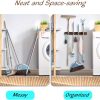 OUTNILI Mop and Broom Holder Wall Mount - Wood Broom Mop Hanger - Wall Mounted Garden Tool Rack Organizer for Closet Garage Laundry Room, Rustic Kitchen Decor With 4 Slots & 4 Hooks