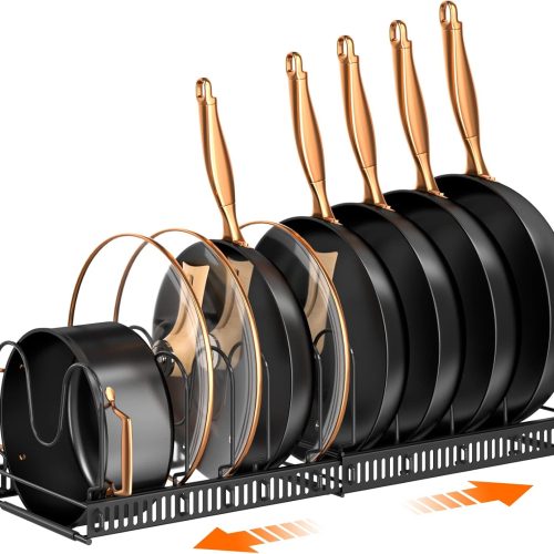 CTJES-AU-079JK_1 MUDEELA Pots and Pans Organizer Rack for under Cabinet, Expandable 11.81''-22.85'' Pot Lid Kitchen Cabinet Organizer Holder with 10 Adjustable Compartment Cutting Board Organizer for Pan Lid, Bakeware