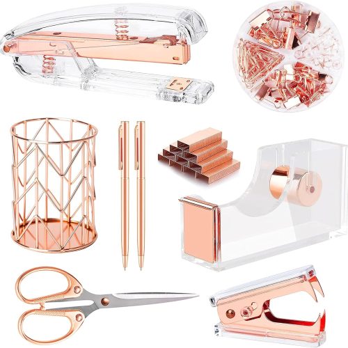 CTJES-AU-088JK_1 Famassi Rose Gold Desk Accessories,Office Supplies Set Acrylic Stapler Set Staple Remover, Tape Holder, 2 Ballpoint Pen, Scissor, Binder/Paper Clips and 1000pcs Staples.