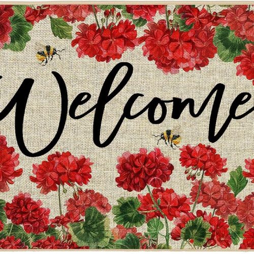 Baccessor Spring Summer Geranium Doormat Outdoor Red Flroal Flower Front Welcome Doormat Door Mat Non-Slip Rubber Backing Entrance Seasonal Outside Indoor Decoration Large 17x36 Inch