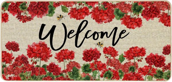 Baccessor Spring Summer Geranium Doormat Outdoor Red Flroal Flower Front Welcome Doormat Door Mat Non-Slip Rubber Backing Entrance Seasonal Outside Indoor Decoration Large 17x36 Inch