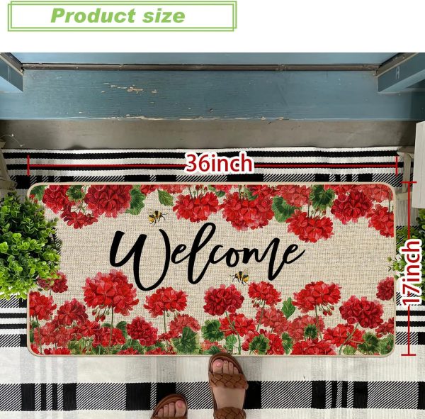 Baccessor Spring Summer Geranium Doormat Outdoor Red Flroal Flower Front Welcome Doormat Door Mat Non-Slip Rubber Backing Entrance Seasonal Outside Indoor Decoration Large 17x36 Inch