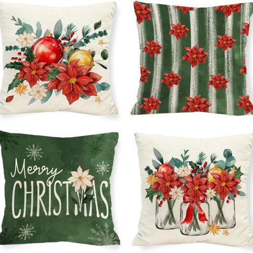 Merry Christmas Red Poinsettia Throw Pillow Covers Home Decor | Xmas Winter Snowflakes 18x18 Inch Pillow Cover, Holiday Pillowcase Set of 4, Pillows Decorative for Cushion Case Sofa Couch