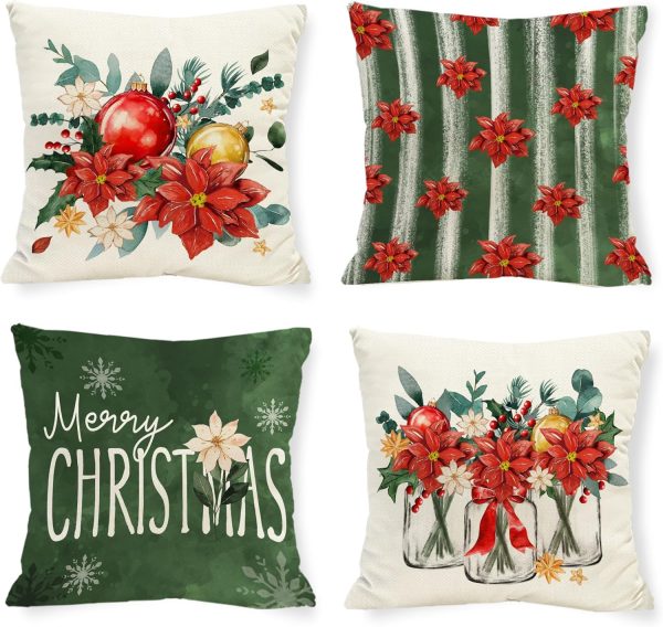 Merry Christmas Red Poinsettia Throw Pillow Covers Home Decor | Xmas Winter Snowflakes 18x18 Inch Pillow Cover, Holiday Pillowcase Set of 4, Pillows Decorative for Cushion Case Sofa Couch