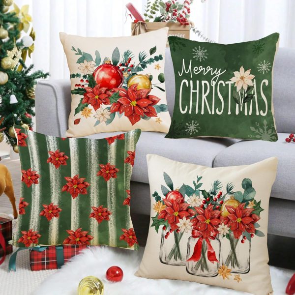 Merry Christmas Red Poinsettia Throw Pillow Covers Home Decor | Xmas Winter Snowflakes 18x18 Inch Pillow Cover, Holiday Pillowcase Set of 4, Pillows Decorative for Cushion Case Sofa Couch