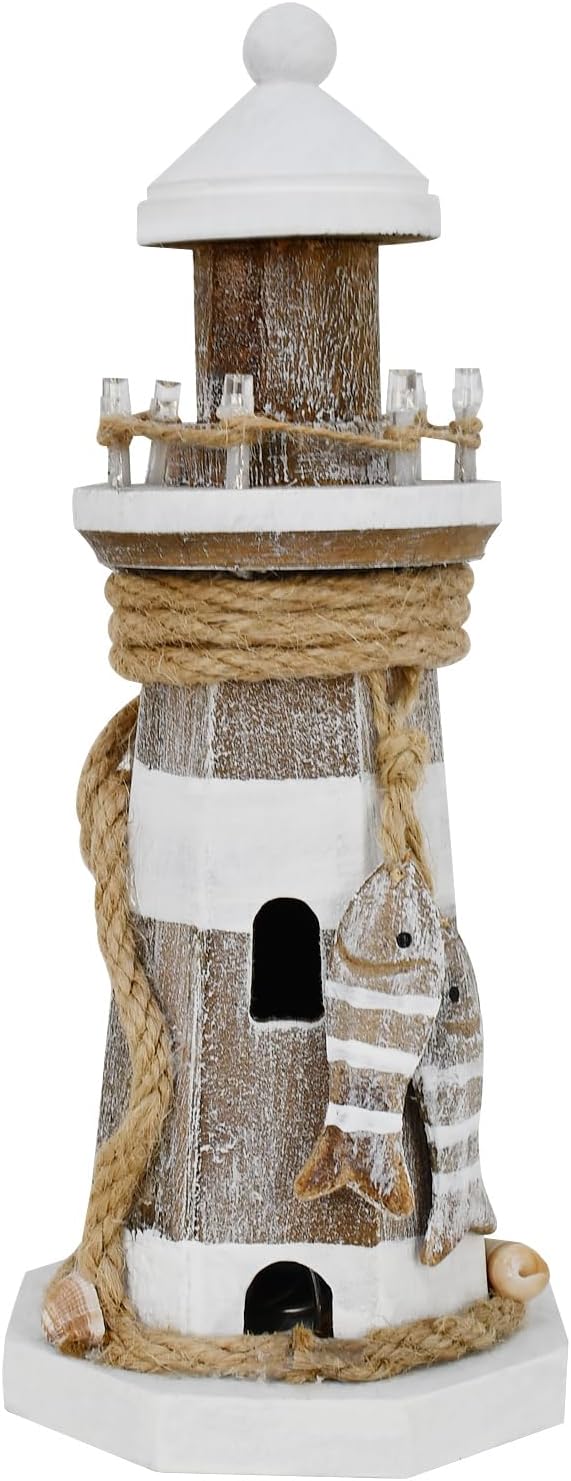 Wooden Lighthouse Decoration with Lights Nautical Tabletop Centerpiece | Decorative Tower Light Ocean Beach Themed Sculpture Indoor Outdoor Wood Coastal Decor for Party Mantel Table