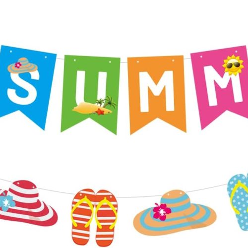 CAVLA Hello Summer Banner and Beach Patterns Banner with Sun Signs Summer Birthday Beach Pool Party Banner for Wall Mantle Fireplace Party Hanging Decorations