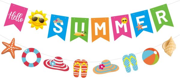 CAVLA Hello Summer Banner and Beach Patterns Banner with Sun Signs Summer Birthday Beach Pool Party Banner for Wall Mantle Fireplace Party Hanging Decorations