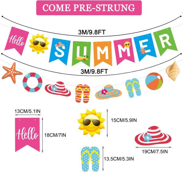 CAVLA Hello Summer Banner and Beach Patterns Banner with Sun Signs Summer Birthday Beach Pool Party Banner for Wall Mantle Fireplace Party Hanging Decorations