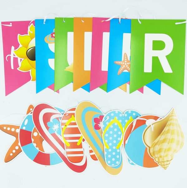 CAVLA Hello Summer Banner and Beach Patterns Banner with Sun Signs Summer Birthday Beach Pool Party Banner for Wall Mantle Fireplace Party Hanging Decorations