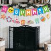CAVLA Hello Summer Banner and Beach Patterns Banner with Sun Signs Summer Birthday Beach Pool Party Banner for Wall Mantle Fireplace Party Hanging Decorations