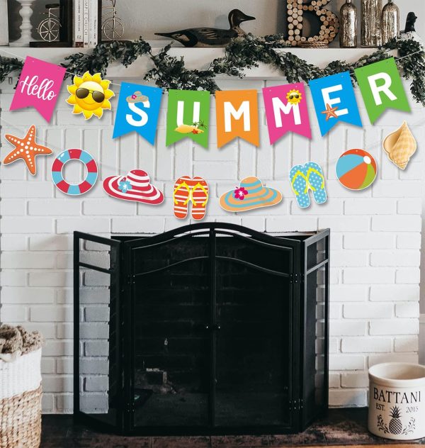 CAVLA Hello Summer Banner and Beach Patterns Banner with Sun Signs Summer Birthday Beach Pool Party Banner for Wall Mantle Fireplace Party Hanging Decorations