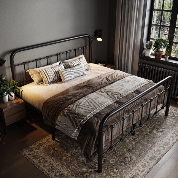 CTMCE00042CT_3 Allewie Queen Metal Bed Frame with Victorian Iron-Art Headboard, Black | Victorian Style Wrought Iron-Art Headboard/Footboard, Easy Assembly, Under Bed Storage, No Box Spring Required