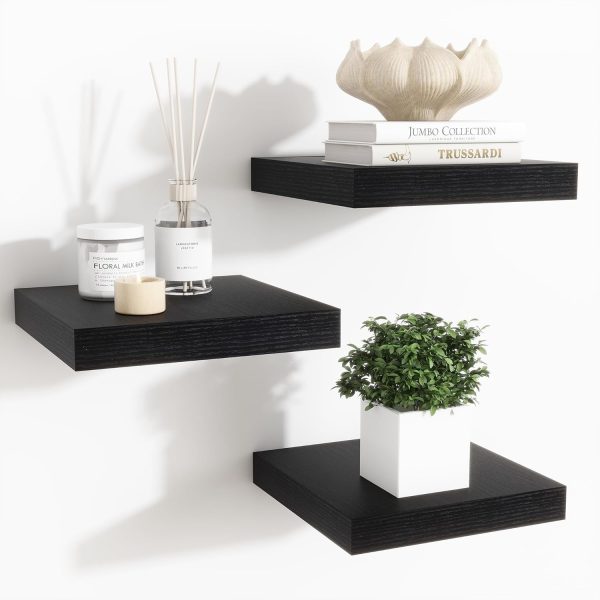 Fun Memories Floating Shelves for Wall - 7.5 Inch Square Shelves with Invisible Brackets, Black Small Wall Shelf for Living Room, Bathroom, Bedroom, and Kitchen Decor Black Set of 3