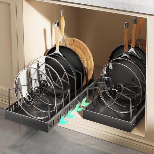 CTMCE00088CT_1 Lozovin Pull Out Pots and Pans Organizer Under Cabinet, Sliding Lid Holder and Pan Rack in Kitchen, Slide Out Inside Cabinet Storage for Pot Lid, Bakeware, Dishes, 8 Adjustable Dividers, 2 Pack Black