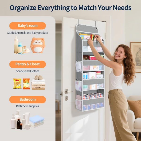Yecaye Over The Door Organizer, Heavy Duty Hanging Organizers and Storage with 4 Large Capacity Pockets, Swing-Proof Behind The Door Storage for Bathroom Nursery Bedroom Dorm Closet, Grey,1Pc