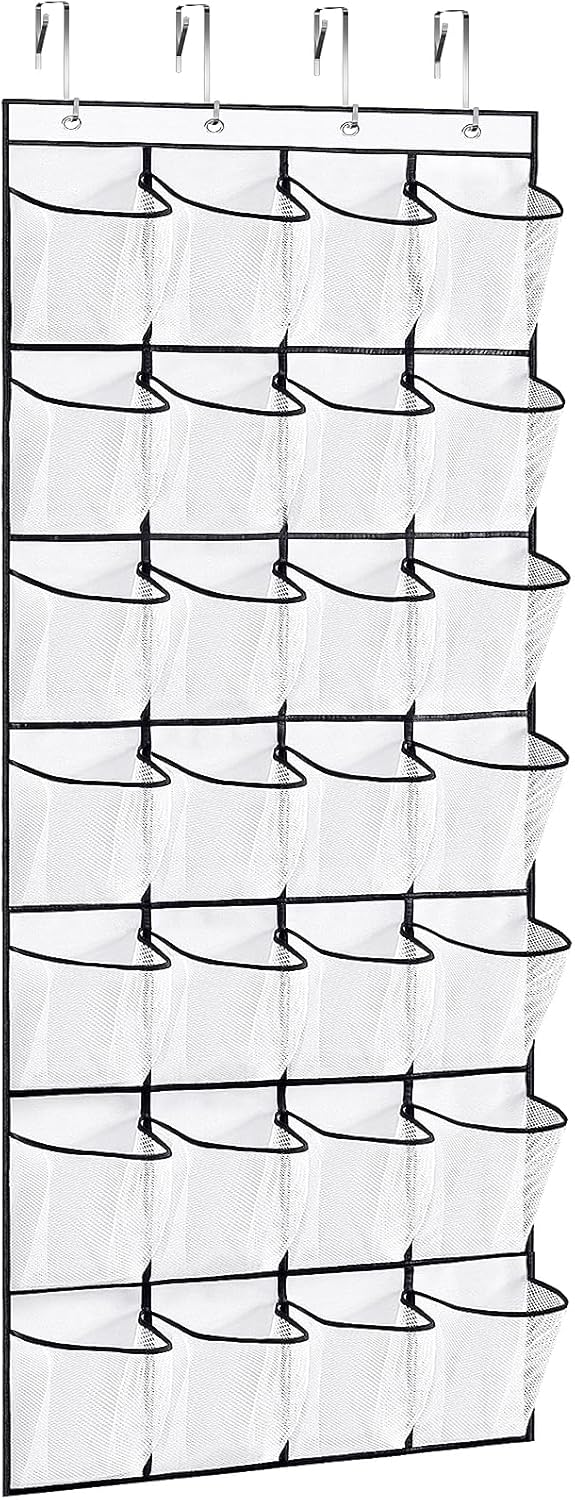 VOPTON 28Large Pockets Over The Door Shoe Organizer, Hanging Shoe Organizer for Closet, Premium Clear Shoe Rack for Door, Shoes Hanger Organizers Storage Holder for Back of Door and 4Metal Hook White