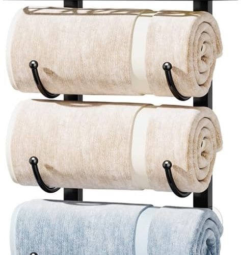 HapiRm Towel Racks for Bathroom Storage - 6 Tier Over The Door & Wall Mount Rolled Towel Storage Organizer Holder with Metal Shelf Basket for Small Bathroom, Camper, Rv - Black, Patented