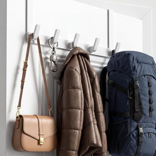 KitchLife Over The Door Hooks - Heavy Duty 5-Hook Organizer, 80lb Total Capacity for Robes, Coats & Towels, Fits 1 3/4" Doors, L18U, Gap-Free & Scratch-Free Design, Glossy White,1-Pack