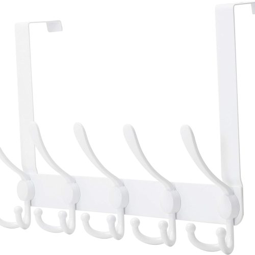 Dseap Over The Door Hook Hanger - Fits 1 3/8" to 1 3/4" Standard Doors | 5 Tri Hooks Heavy Duty Towel/Coat Rack | Door Organizer for Clothes, Jackets, Hats, Towels, White
