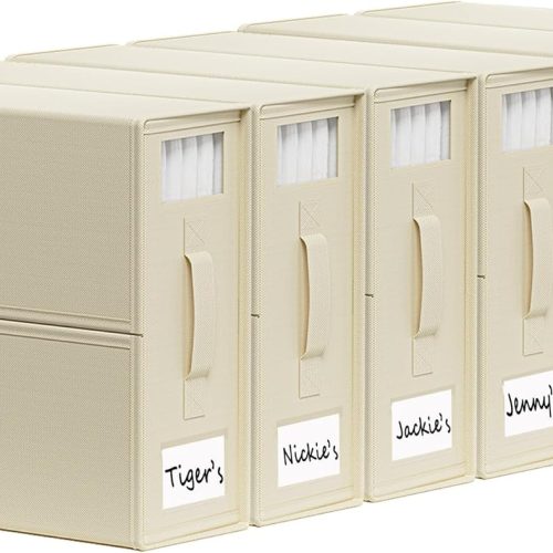 SheetCube Bed Sheet Organizers and Storage 6 Pack, Foldable Linen Closet Organizer with Window and Label, Bedding Folder Storage Box Container for Blanket, Duvet Cover Set, Bed Sheet Set - Beige