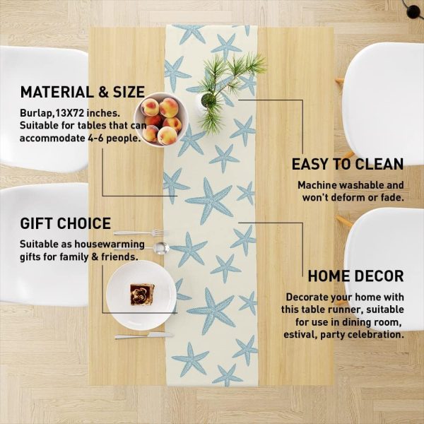 Blue Starfish Table Runner,Nautical Beach Table Runner Decor for Dinning Room Kitchen Summer Ocean Sea Decorations for Holiday Party, Housewarming Gifts for Women Friends Couple, 13X72Inches