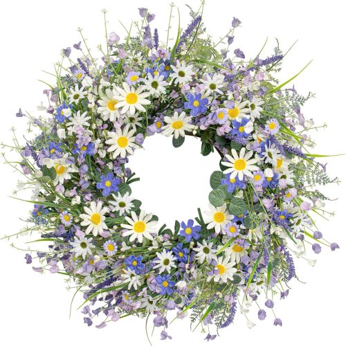 22 Inches Summer Wreaths for Front Door Blue Summer Door Wreath Spring Floral Wreath with Wildflower Lanvender for Wall Porch Indoors Outdoor Window Home Decorations