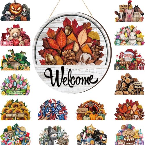 CTMCE00794CT_1 Yousoontic Interchangeable Welcome Sign for Front Door with 16 Seasonal Icons Fall Wood Wreath Decor Rustic Hanging Sign for Autumn Harvest House Warming Gifts(Classic Color,Welcome)