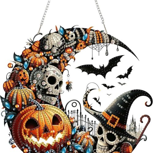 RYMILIE Halloween Diamond Art Kits for Adults Witch and Pumpkins 8x8inch | 5D DIY Special Shaped Pearl Crystal Suncatcher Pendant Diamond Painting Kit, Window Hanging Gift for Home Garden