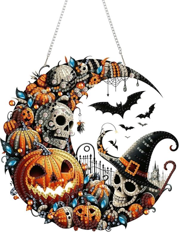 RYMILIE Halloween Diamond Art Kits for Adults Witch and Pumpkins 8x8inch | 5D DIY Special Shaped Pearl Crystal Suncatcher Pendant Diamond Painting Kit, Window Hanging Gift for Home Garden