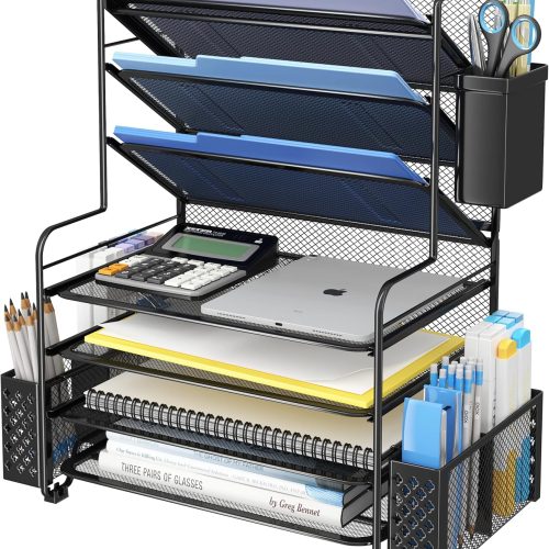 CTPAR-S-038_1 Simple Trending 7 Tier Desk File Organizer, Letter Tray Paper Organizer with Pen Holder and Metal Hanging Basket, Black