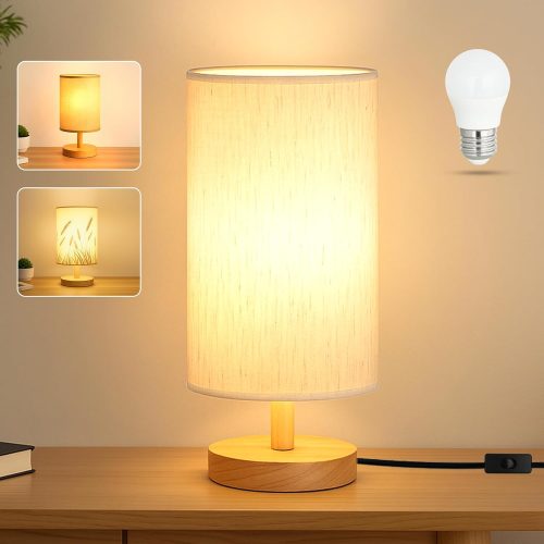 CTPAR-S-047_1 Desk Lamp LED Bulb Included, Small Bedside Table Lamp Plug-in - Classic Wood Base with Flaxen Fabric Shade, Lamps for Night Stands, Simple Nightstand Light for Bedroom, Office, Desk