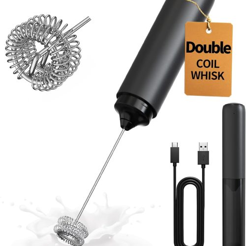 CIRCLE JOY Rechargeable Milk Frother Hanheld, Dual Coil Whisk Head Electric Coffee Frother, Portable Hand Frother Wand Drink Mixer for Matcha Lattes Cappuccino, Kitchen Gifts, Black