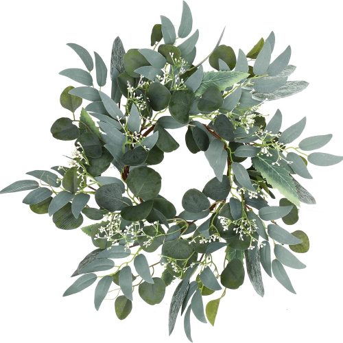Artificial Green Eucalyptus Wreath,15 inches Greenery Wreath with Clusters of White Flowers Mini Spring/Summer Wreath for Front Door Wall Window Decor