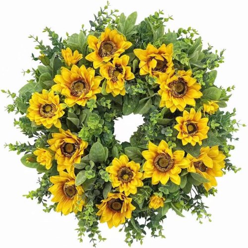 20 Inch Spring Sunflower Wreath for Front Door - Artificial Yellow Floral Front Door Decor with Sunflowers and Green Leaves, Cheerful Farmhouse Porch Indoor Outdoor for All Seasons Decor