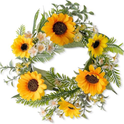 KHOYIME Sunflower Wreaths for Front Door, 13 Inch Artificial Daisy Wreath Outside All Season Decorative Yellow Floral Greenery Wreath Farmhouse Indoor Outdoor Home Porch Wall Window Hanging Decor