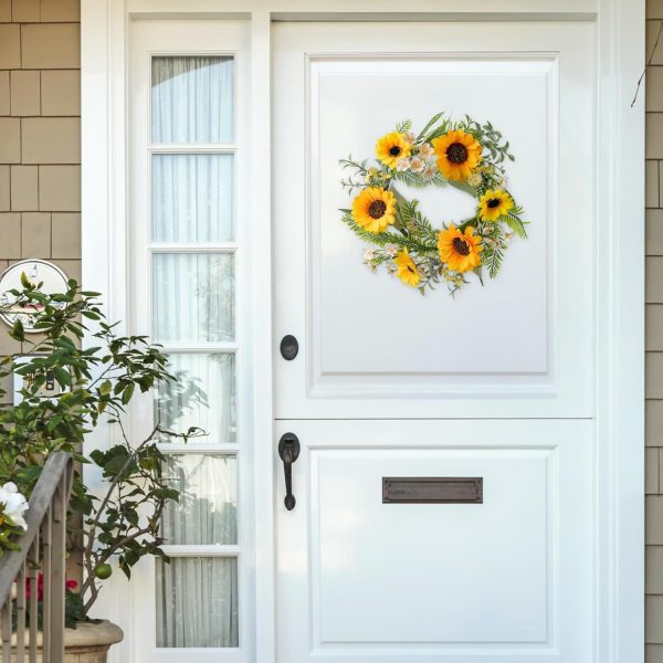KHOYIME Sunflower Wreaths for Front Door, 13 Inch Artificial Daisy Wreath Outside All Season Decorative Yellow Floral Greenery Wreath Farmhouse Indoor Outdoor Home Porch Wall Window Hanging Decor
