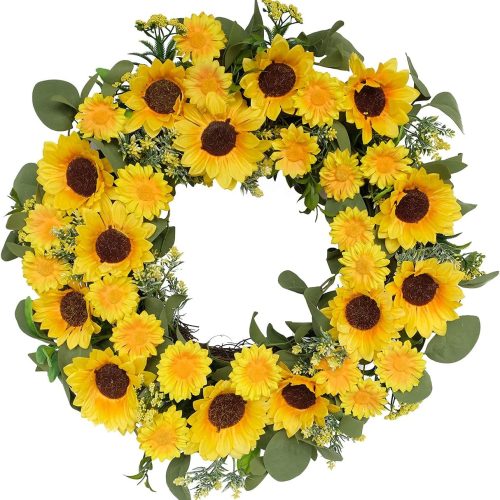 CTPAR-S-157_1 20 Inch Artificial Sunflower Wreath - Yellow Sunflower Daisy and Green Leaves - Spring/Summer Wreath for Indoor/Outdoor, Home, Wedding, Window, Wall Decor