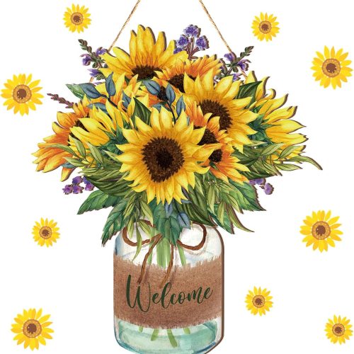 Shellwei Sunflower Welcome Door Sign Summer Wooden Wreaths for Front Door Decoration Wood Hanging Farmhouse Fall Wall Porch Art Home Kitchen Bedroom Living Room Indoor Outdoor Ornaments
