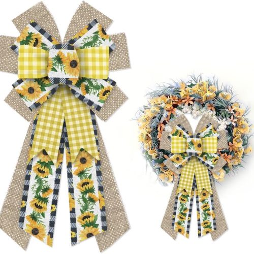 CTPAR-S-238_1 Large Yellow Sunflower Bows for Wreath, Spring Yellow White Buffalo Plaid Wreath Bows Idyllic Romantic Floral Bows for Front Door, Farmhouse Ornament Burple Tree Bows for Holiday Indoor Outdoor Decor
