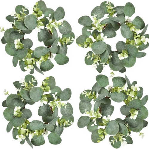 LSKYTOP 4Pcs Eucalyptus Wreath Faux Kitchen Cabinet Wreaths Artificial Greenery Wreath Farmhouse Wreath for Door Wall Window Decor, 9Inch/PC