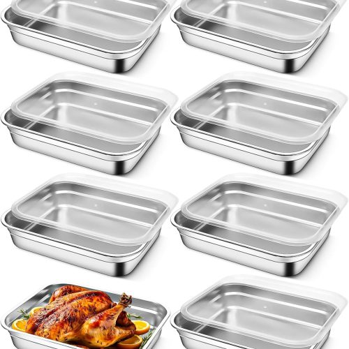 8 Pcs Large Stainless Steel Food Containers Bulk, Rectangle Food Storage Container with Leakproof Lid, Reusable Meal Prep Boxes for Kitchen Restaurant Fridge Freezer Buffet, 12.5 x 8.5 x 2.6 Inch