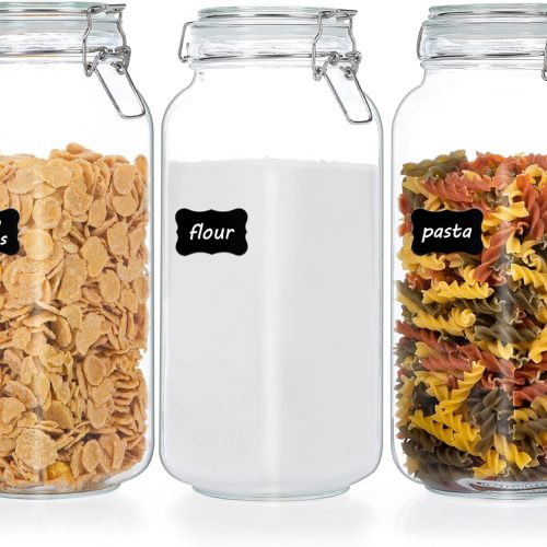 CTPAR-S-307_1 Vtopmart 78oz Glass Food Storage Jars with Airtight Clamp Lids, 3 Pack Large Kitchen Canisters for Flour, Sugar, Cereal, Coffee, Pasta and Canning, Square Mason Jars with 8 Reusable Labels